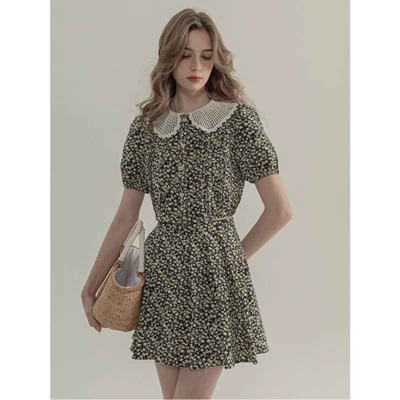 

Women Elegant Floral Skirt Set Fashion Bubble Sleeve Tops And High Waisted A-line Skirt Suit Female Casual High Street Outfits
