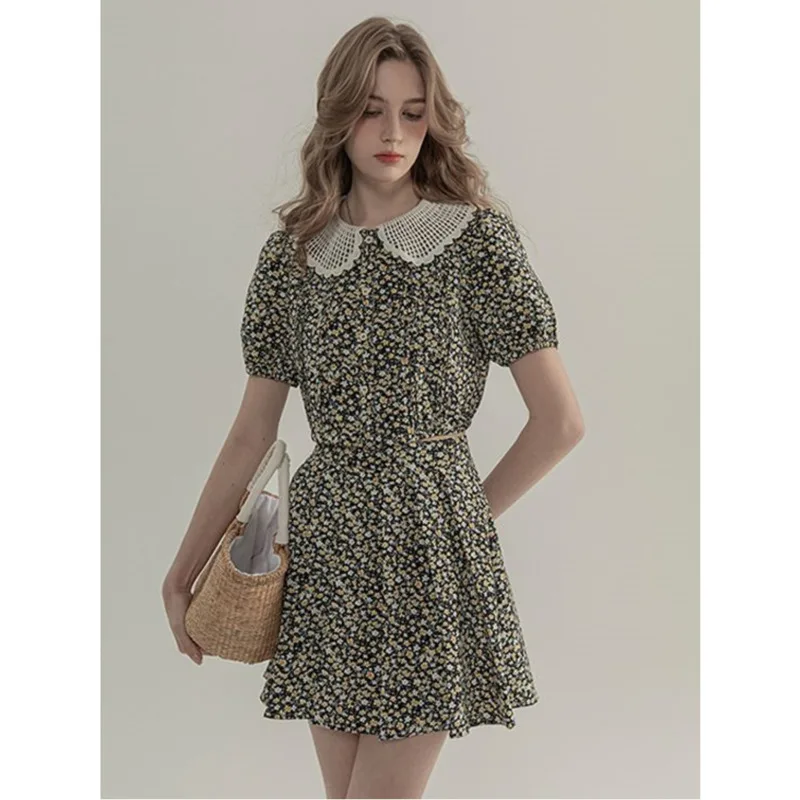 Women Elegant Floral Skirt Set Fashion Bubble Sleeve Tops And High Waisted A-line Skirt Suit Female Casual High Street Outfits