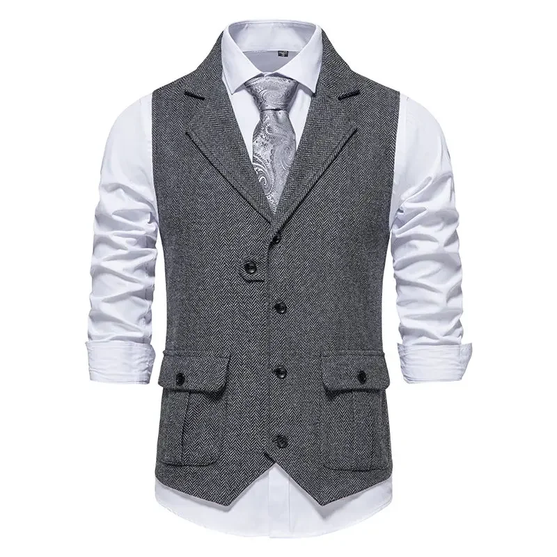 Men\'s Retro Herringbone Tweed Suit Vest Turn-down Collar Male Waistcoat Slim Formal Business Casual Vest ropa hombre 8 Colors