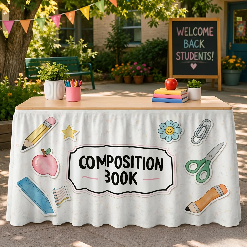 1 cute cartoon stationery print table skirt for indoor birthday party dessert table decoration