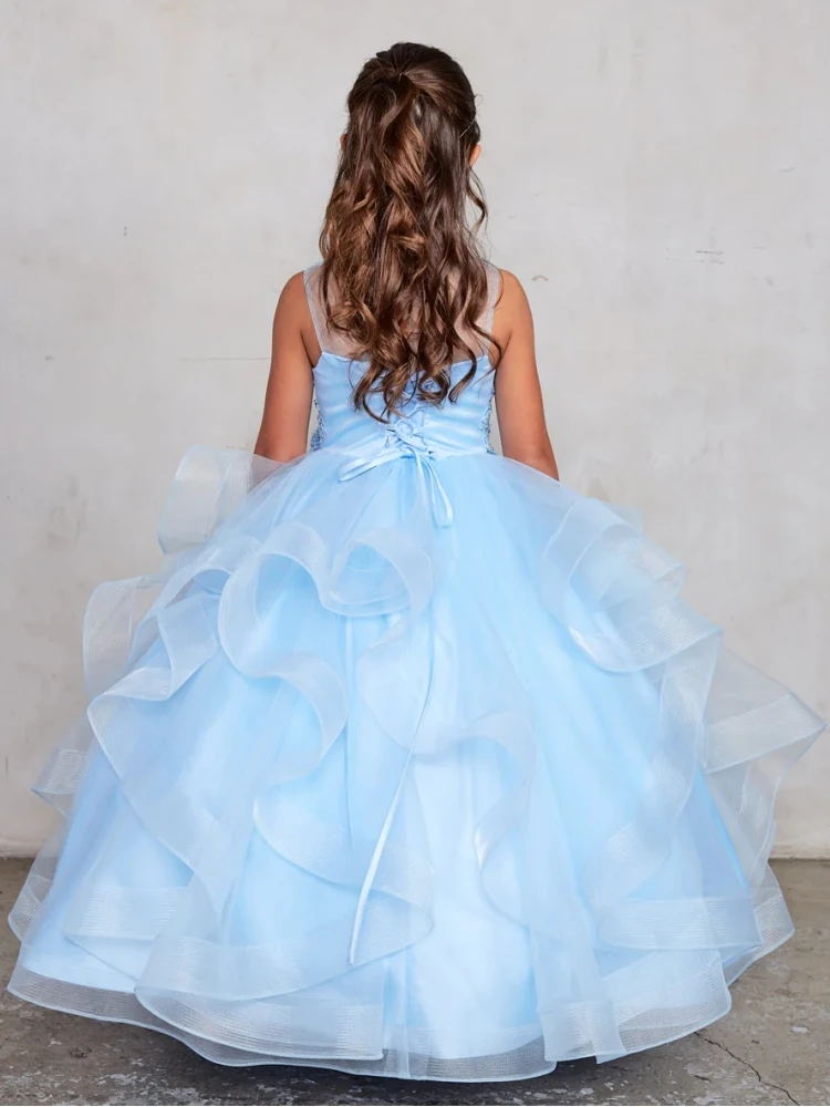 Vestidos de niña de flores azul cielo personalizados, apliques de floria escalonados sin mangas para boda, graduación, fiesta de cumpleaños, banquete, vestidos de princesa