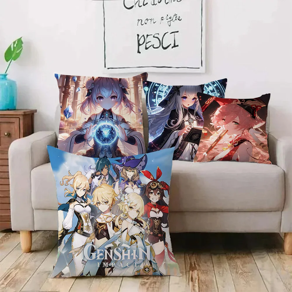 Cartoon Genshin Impact Pillow Covers Sofa Decorative Home Double-sided Printing Short Plush Cute Cushion Cover