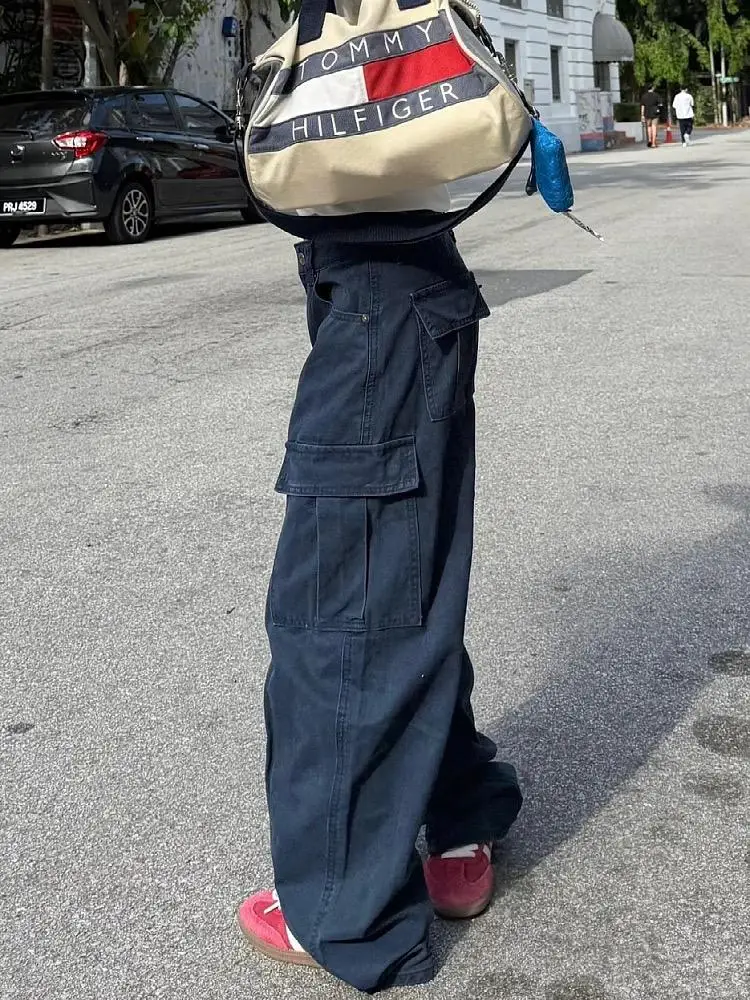 ヴィンテージウォッシュワイドレッグジーンズ レディース レトロ ハイウエスト ルーズフィット ワークウェア デニムパンツ 大きなポケット付き裾 ストリートスタイル