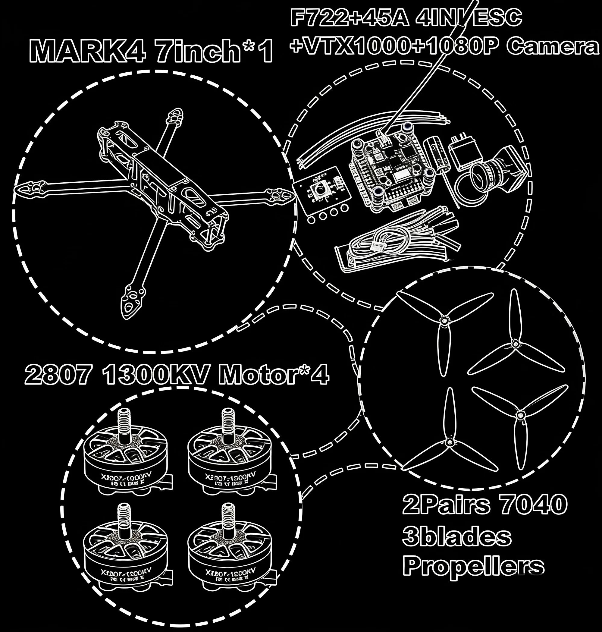 

FPV MARK4 V2 7-дюймовый дрон с полетным контроллером F722, 45/60A 4-канальным ESC, карбоновым корпусом, для FPV-гонок и фристайла.