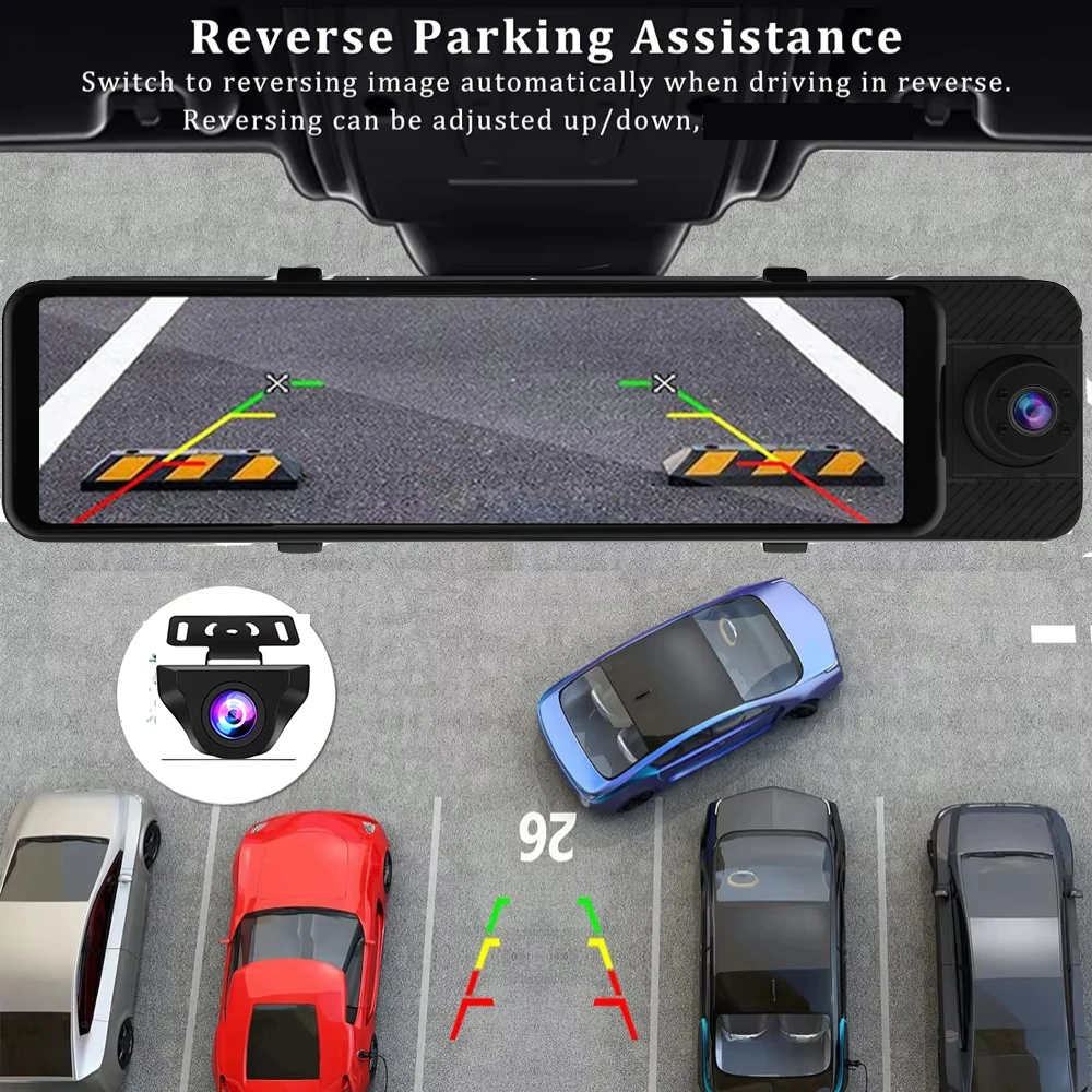 كاميرا مرآة ذات 3 قنوات مقاس 11 بوصة مع كاميرات أمامية 4K وخلفية 1080 بكسل داخل المقصورة ورؤية ليلية محسنة ومستشعر G وشاشة ركن السيارة، Tr