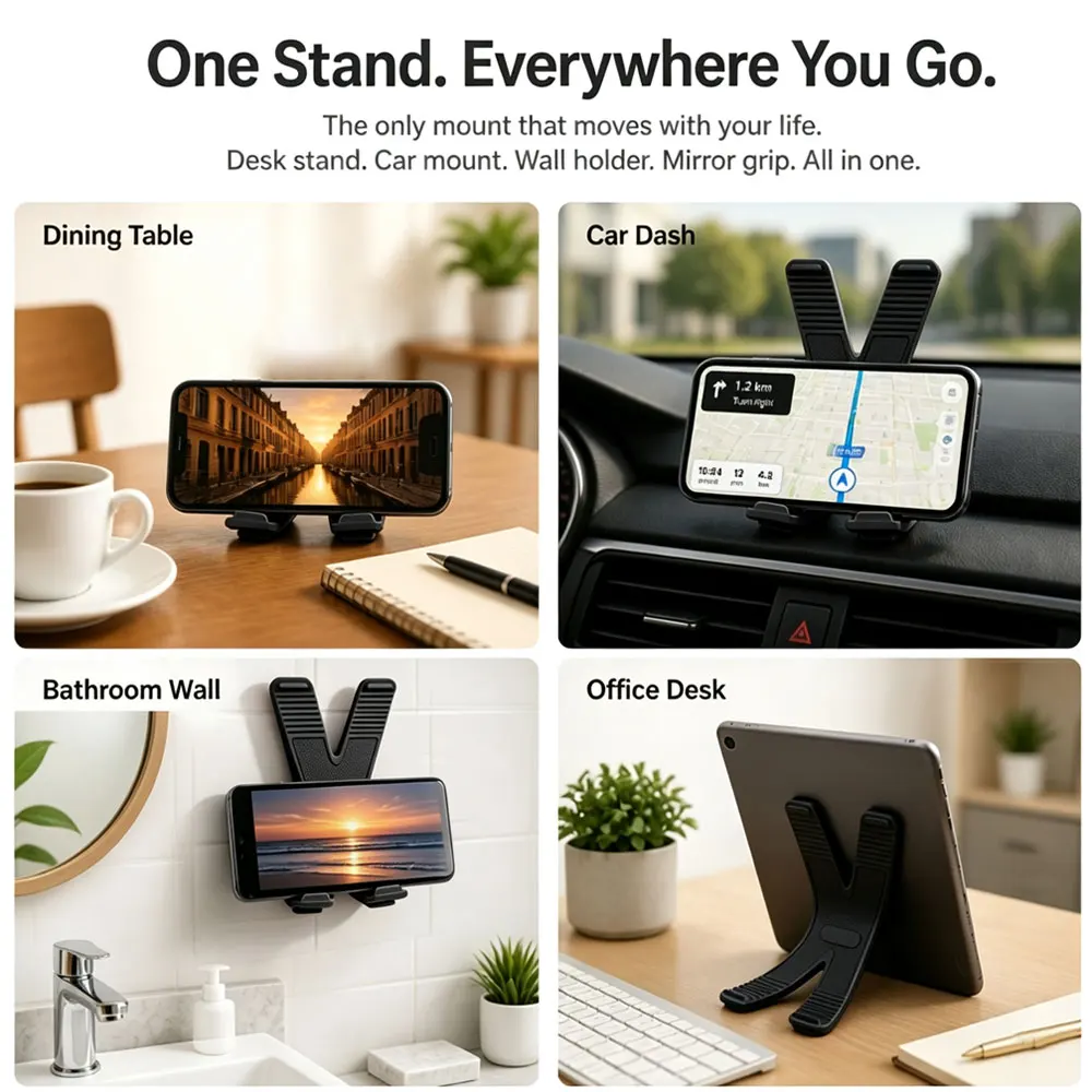Mirror Wall Holder Suction Cup Base Strong Hold Bendable Silicone Pad Foldable Stand Scratch-Proof Universal Fit