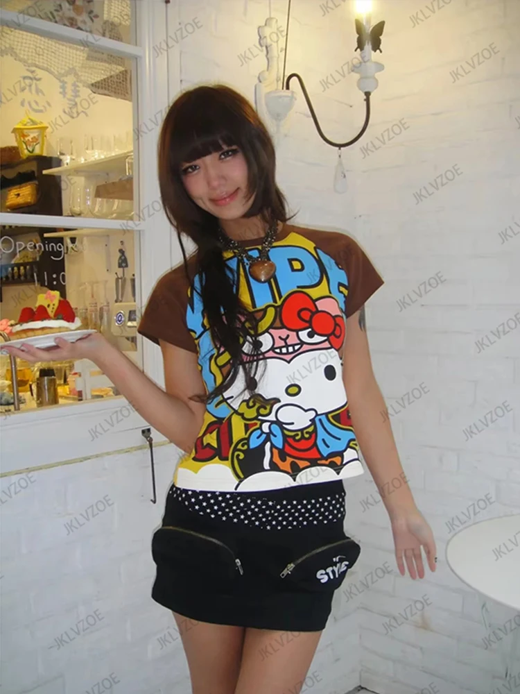 2025 Summer New Cute Cartoon Sanrio HelloKitty Anime Print T-shirt For Women Short Sleeve o-neck Tees High Street Gothic Y2K Top image 4