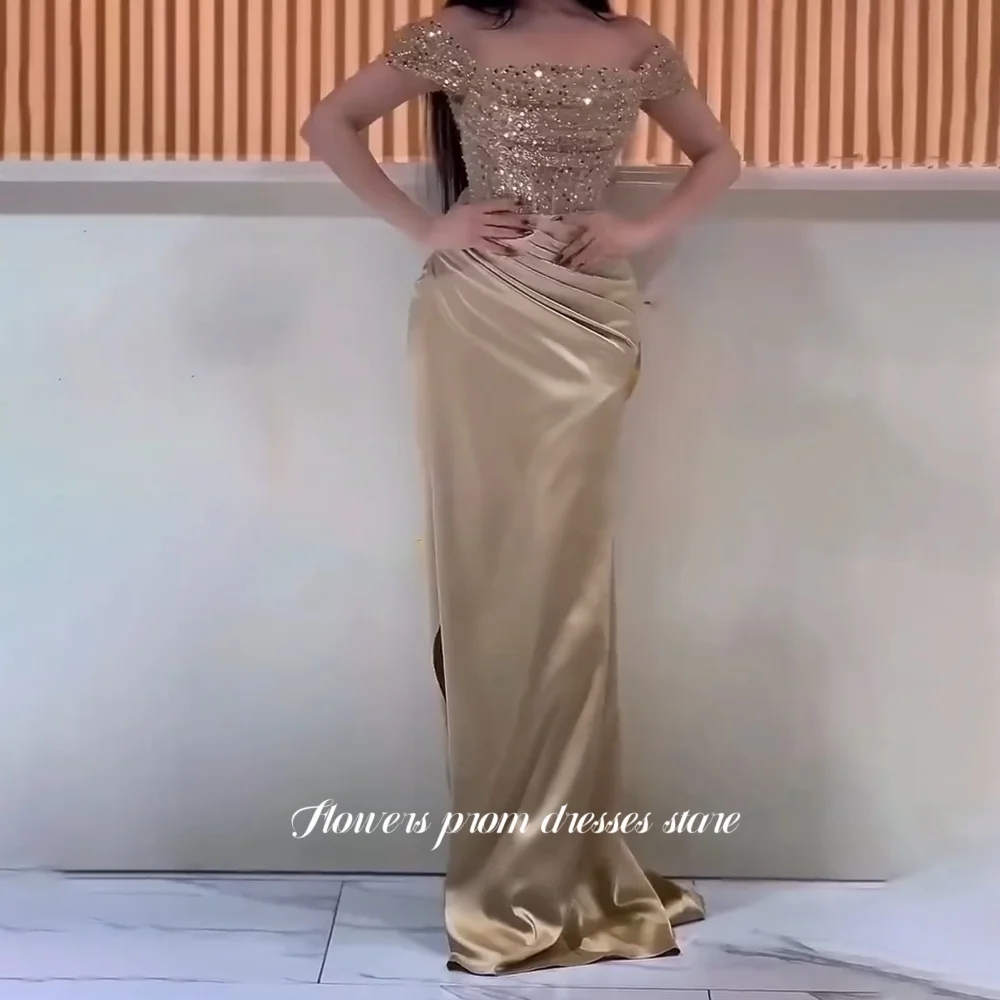 

Flowers Straight Party Dresses Crystal Beaded Evening Dress for Women Off Shoulder Cocktail Celebrity Dress Arabic Customized
