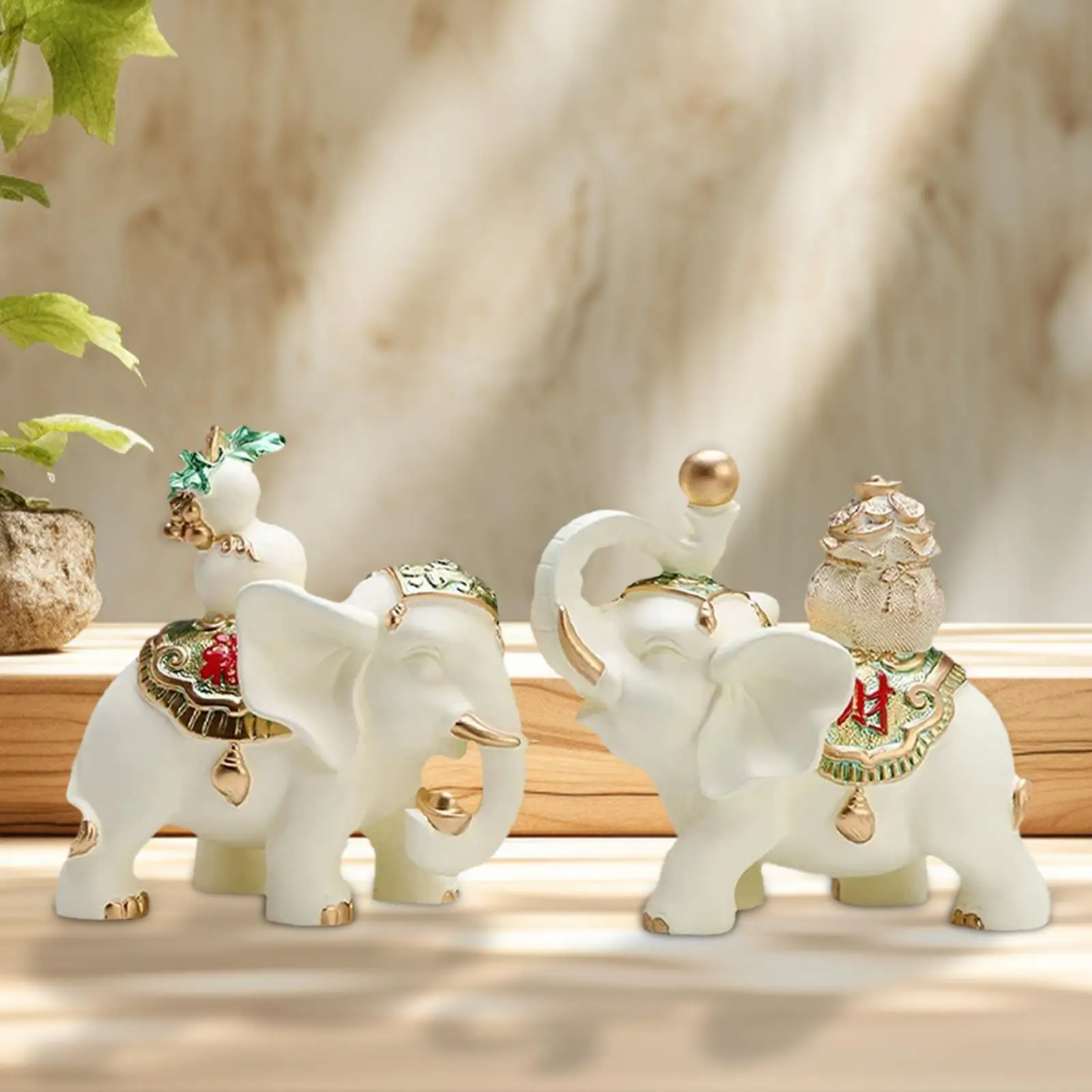 Set of 2 Good Luck Elephant Figurines Table Decoration Handicraft Fengshui Ornament for Home Office Decor Lightweight