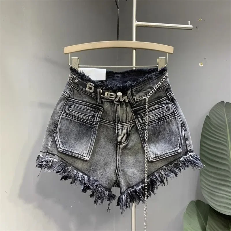 Nuevo lavado Vintage americano hace un diseño de nicho antiguo con pantalones vaqueros de borde crudo de verano para mujer de cintura alta y pantalones cortos ajustados