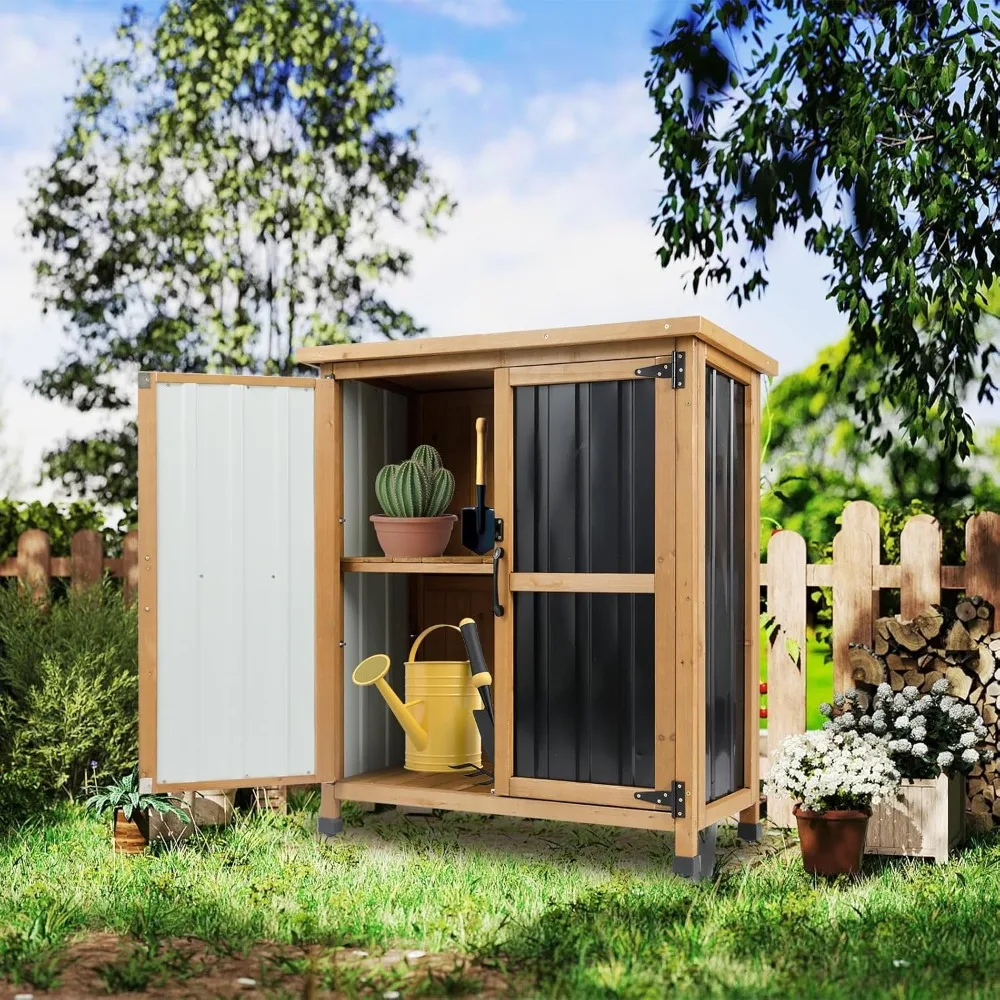 

Outdoor Storage Cabinet Wood & Metal Small Storage Shed Waterproof Roof, Double Lockable Doors Garden Shed with Removable Shelve