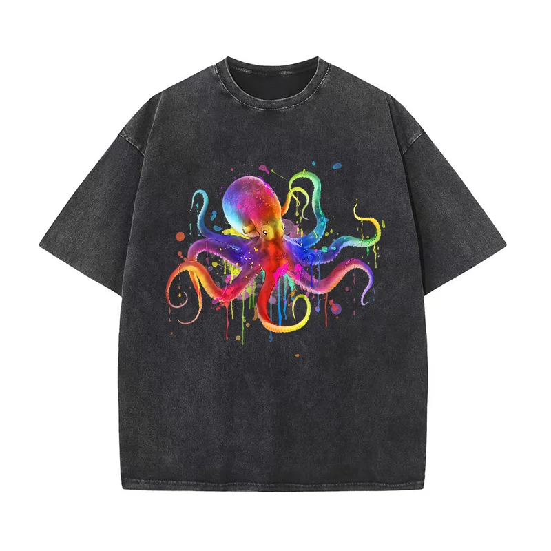 

Colorful Octopus Pure Cotton T-shirt Men's Tee Shirt Short Sleeve Male Clothes Fashion Oversized Art Graphic Clothing Printed