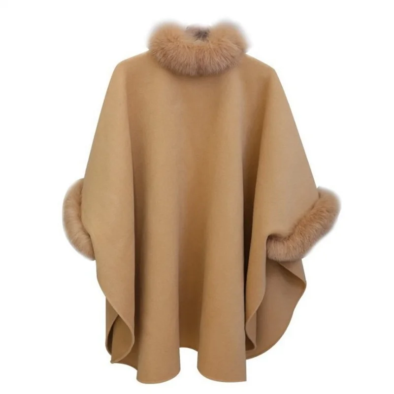 Winter Woolen Collar Poncho Jacket for Women Elegant Batwing Fluffy Sleeve Cloak Shawl Coat Fashion Long Cape Outwear Overcoat