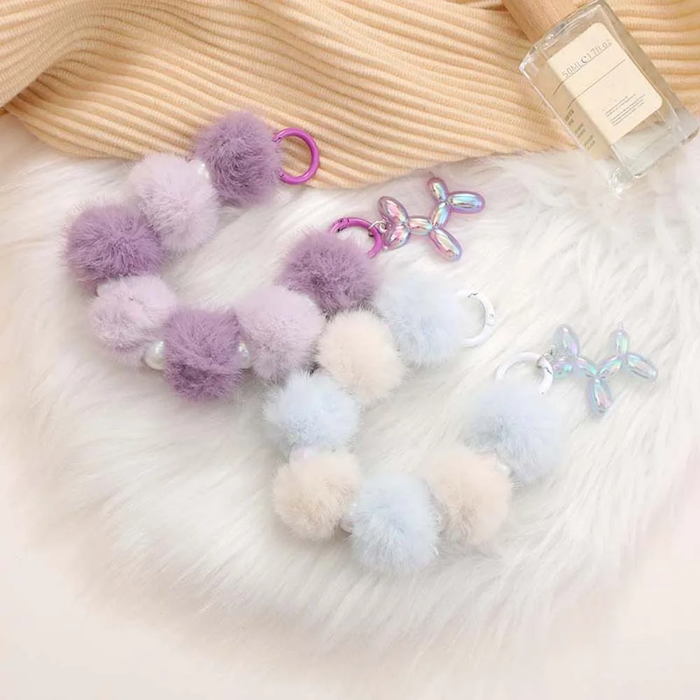 Ball Lanyard Hairball Keychain Cartoon Colored Large Size Cell Phone Pendant Backpack Accessories Fluffy Plush Beaded String