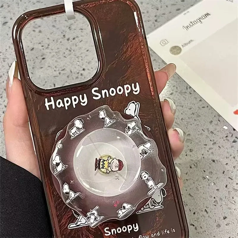 Funny Cartoon Cute Yoga Snoopy Bracket Shockproof Phone Case For iPhone 13 14 15 16Pro Max Lovely Snoopy Charlie Rotation Holder