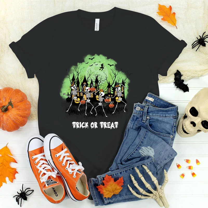 Camiseta de manga corta para mujer, camisa a la moda de Halloween, esqueleto, truco o trato, prémium