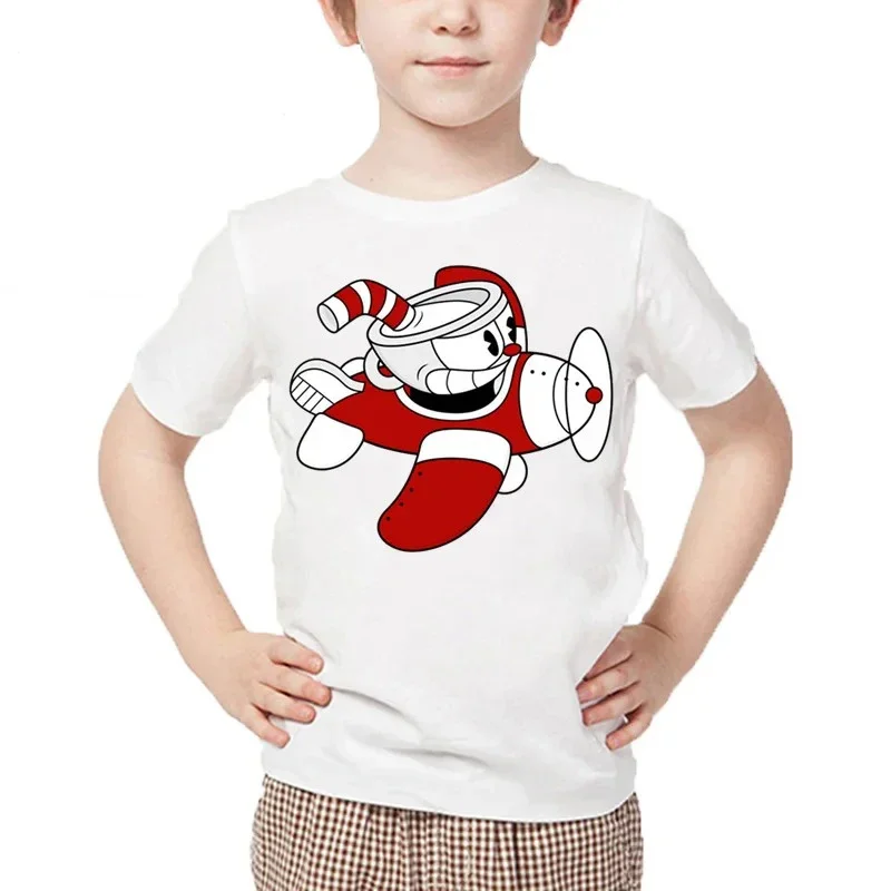 Kids Cartoon Cuphead Print T shirt Children Dabbing Cuphead Design Summer Tops Boys and Girls Casual White T-shirt