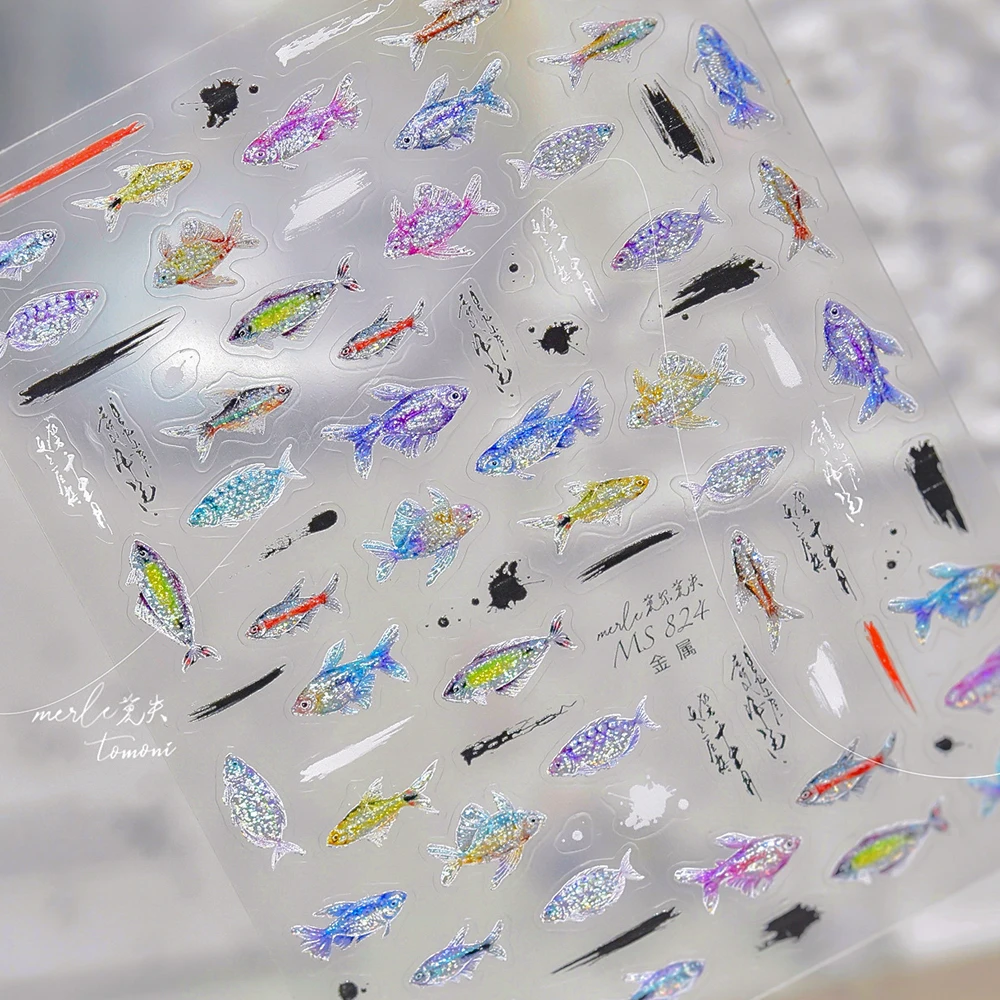 Playful Bubble the Fat Tiny Fish Nail Art Sticker Unique 5D Colorful Ocean Themed Self Adhesive Decoration Manicure Decal DIY