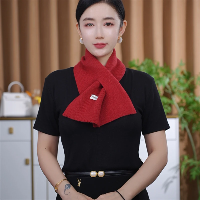 

Зимний вязаный маленький шарф из смеси искусственной шерсти, женский новый универсальный теплый шарф с крестом, шарф с защитным воротником