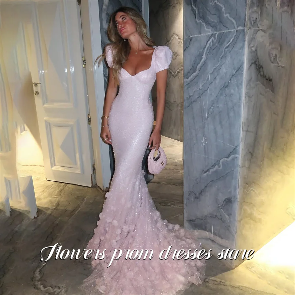 

Flowers Pink Sequin Prom Dresses Open Back Celebrity Dress 3D Floral Hem Women's Evening Dress Slim Fit for Gala Customized