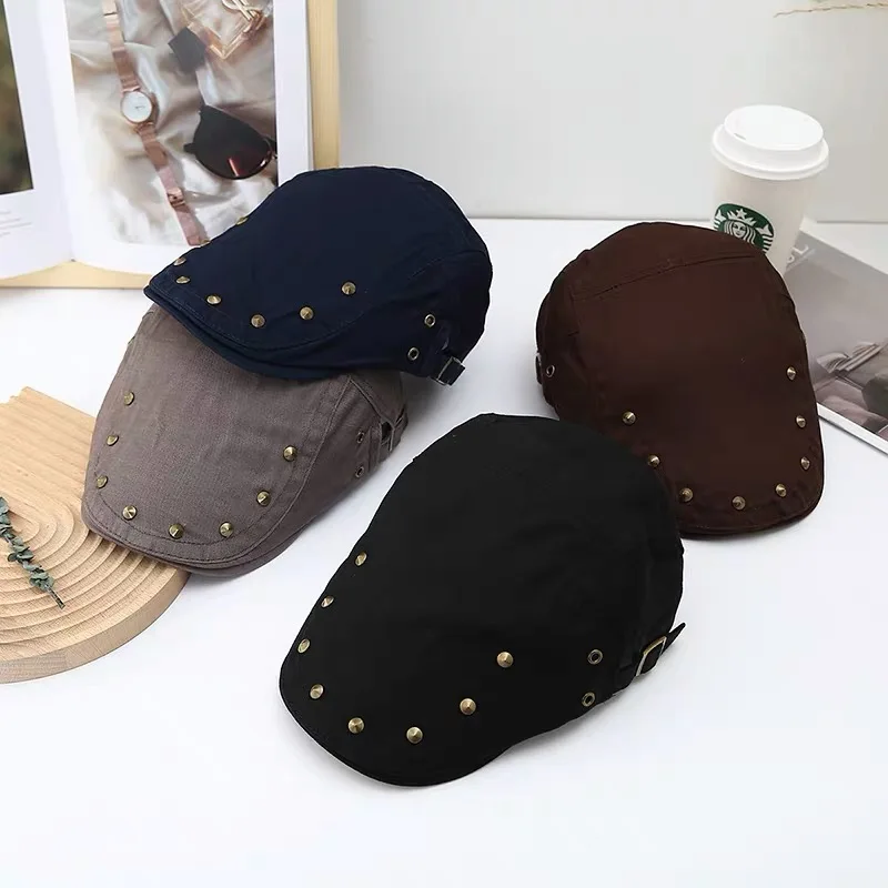 Men Punk Studded Gatsby Newsboy Cabbie Hat Women Designer Rivet Cotton Golf Beret Cap Adjustable Retro Ivy Irish Painter Hats