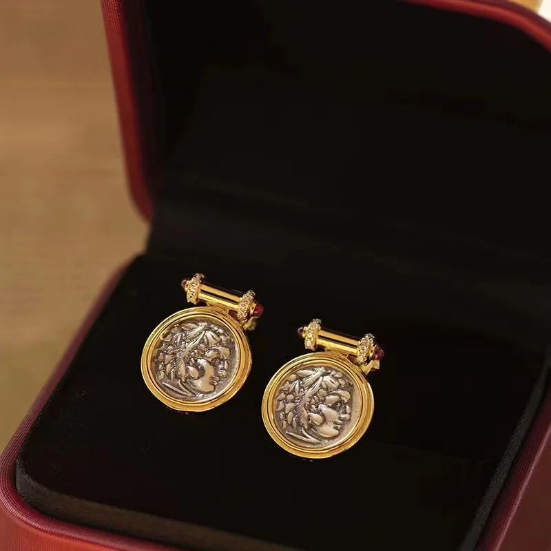 Hot Selling 925 Sterling Silver Famous Brand Ancient Roman Silver Coin Earrings Retro Relief Goddess of Luck Fashion Jewelry