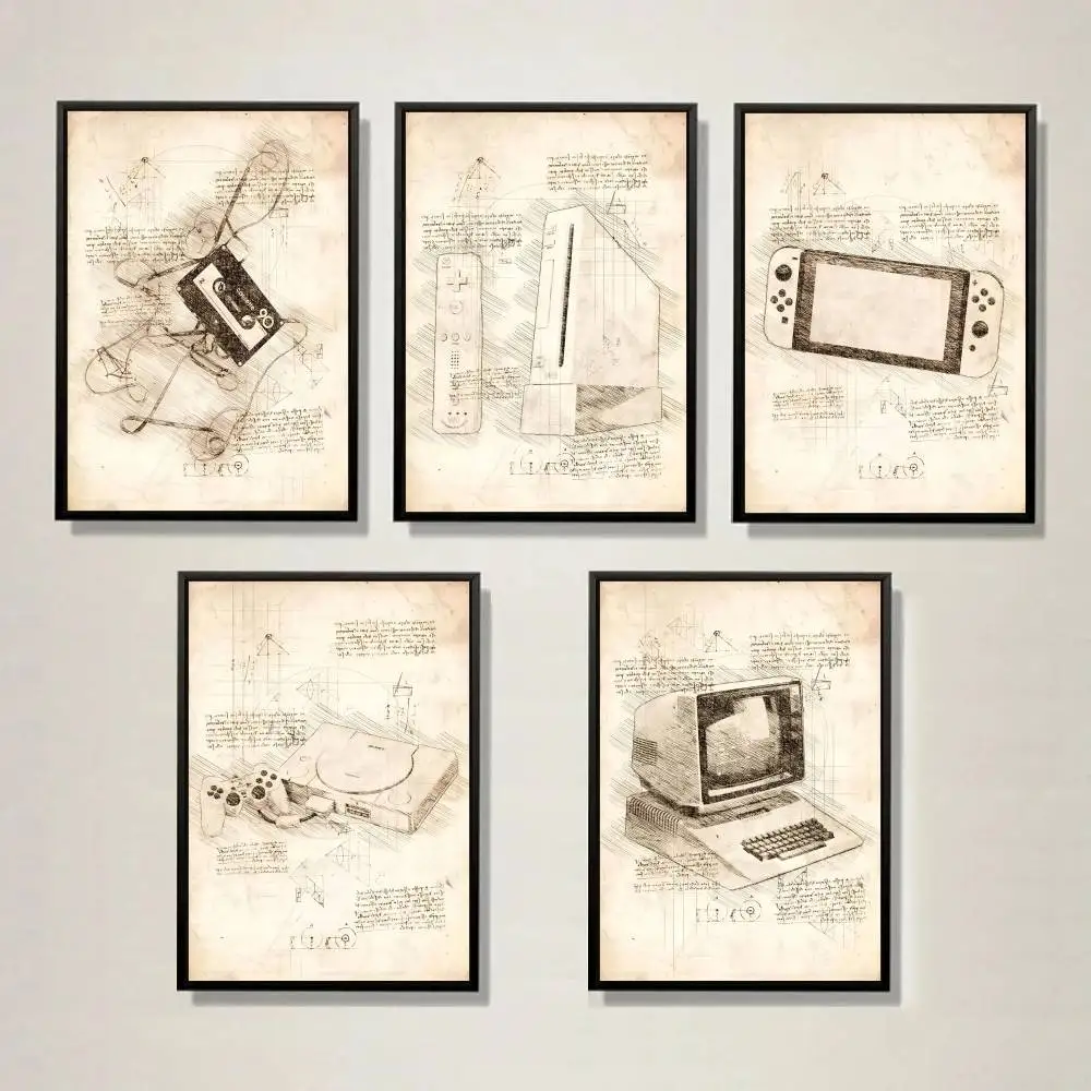 Vintage Hand Sketch Game Device Poster Retro Audio Cassette Game Machine Monitor Blueprint Wall Print Gamer Room Nostalgic Decor