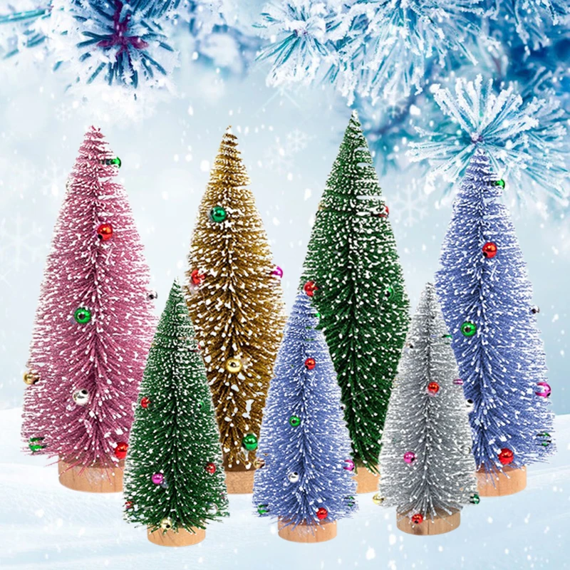 1PC Colorful Christmas Tree Powdered White Snow Frost Mini Pine Needle Trees Wooden Base Home Desktop Ornaments Decoration