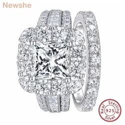 Newshe 2 Stücke 925 Silber Eheringe Set für Frauen Halo Prinzessin Cut Weiß Kubikzircon Vintage Luxus Schmuck Verlobungsring