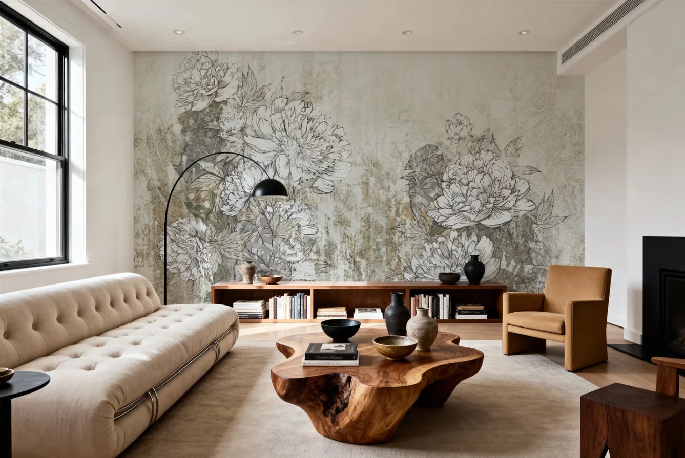 Custom wallpaper with dark tones outlining a large white peony beige background and soft floral patterns for mural decoration