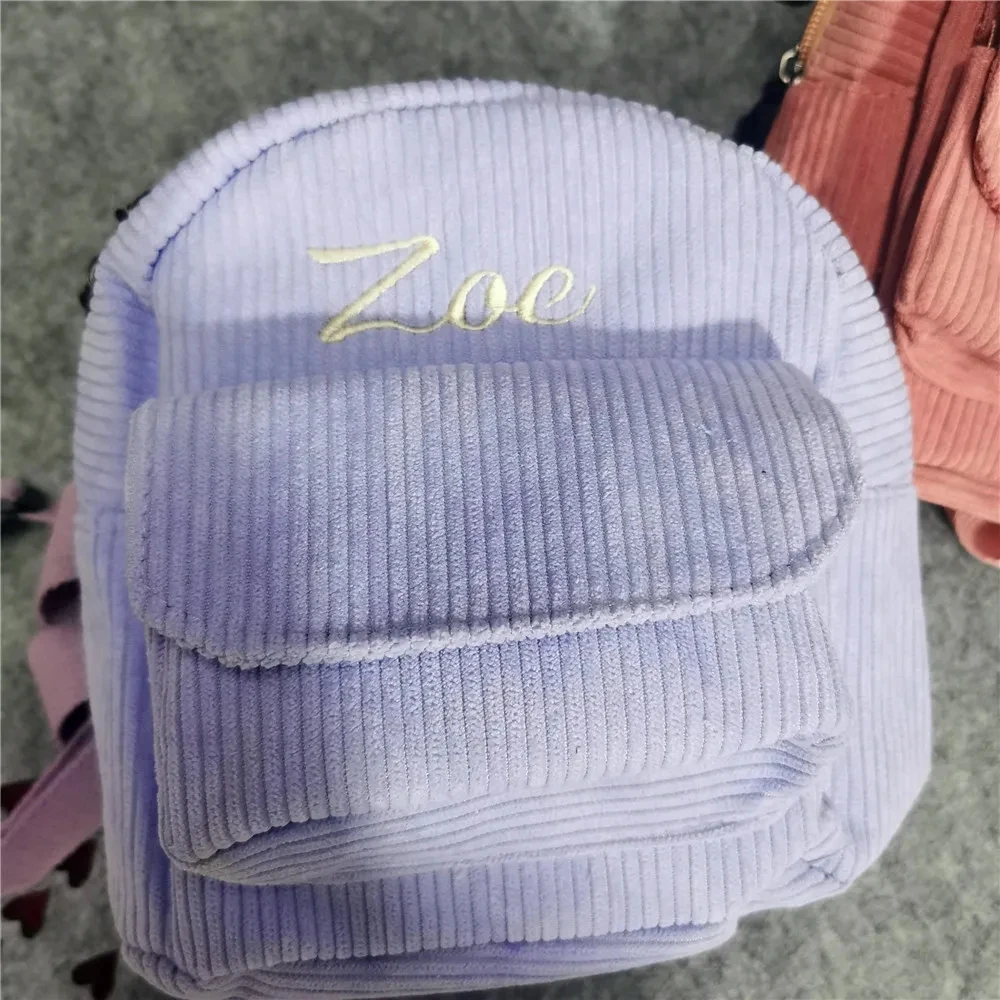 Custom Embroidered Name Corduroy Women\'s Mini Backpack Personalized Fashion Small Backpack Student Girl Schoolbag Casual Bag