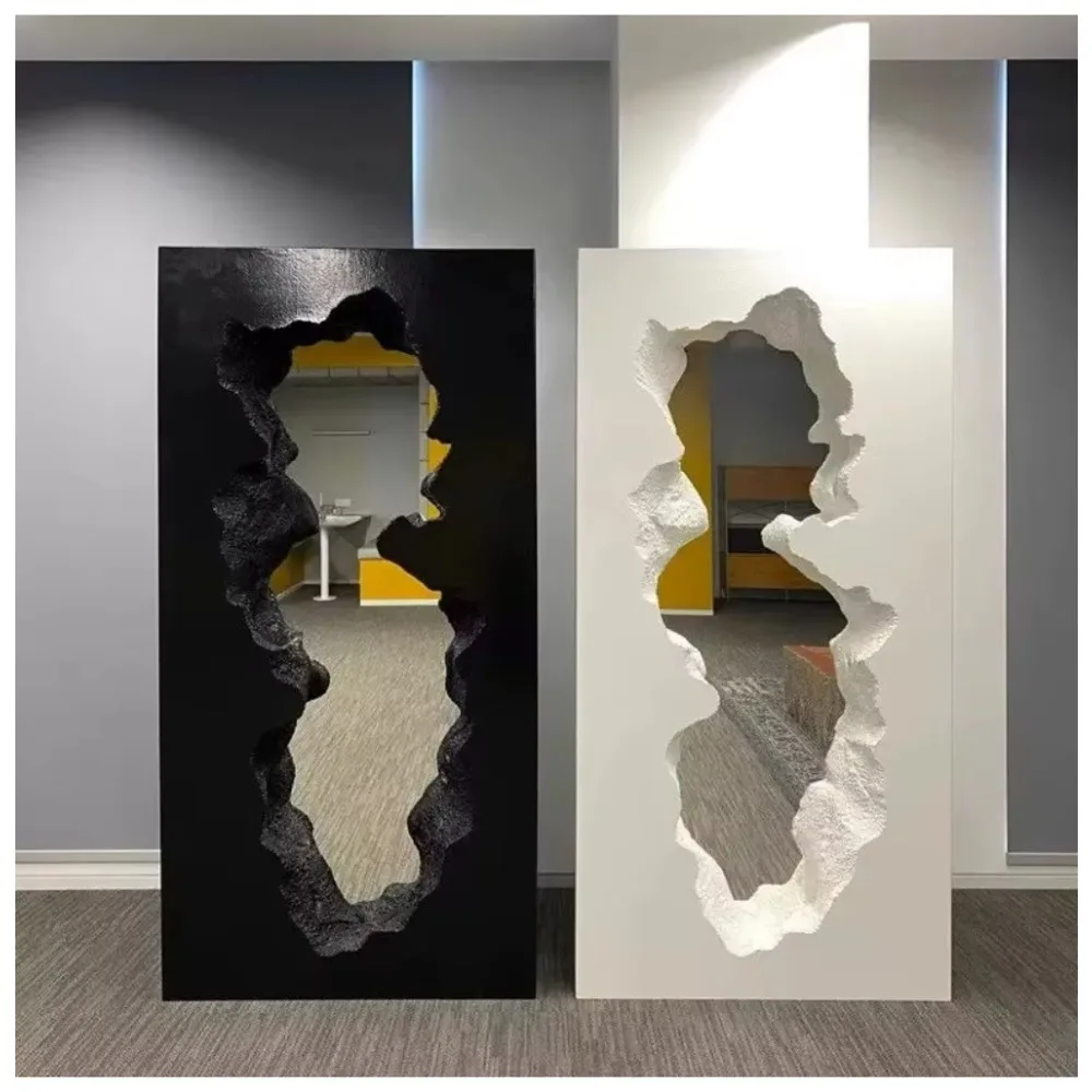 Aesthetic Asymmetrical Full Length Mirror, Black Frame Floral Pattern Fiberglass Standing Dressing Mirror Bedroom Entryway Decor