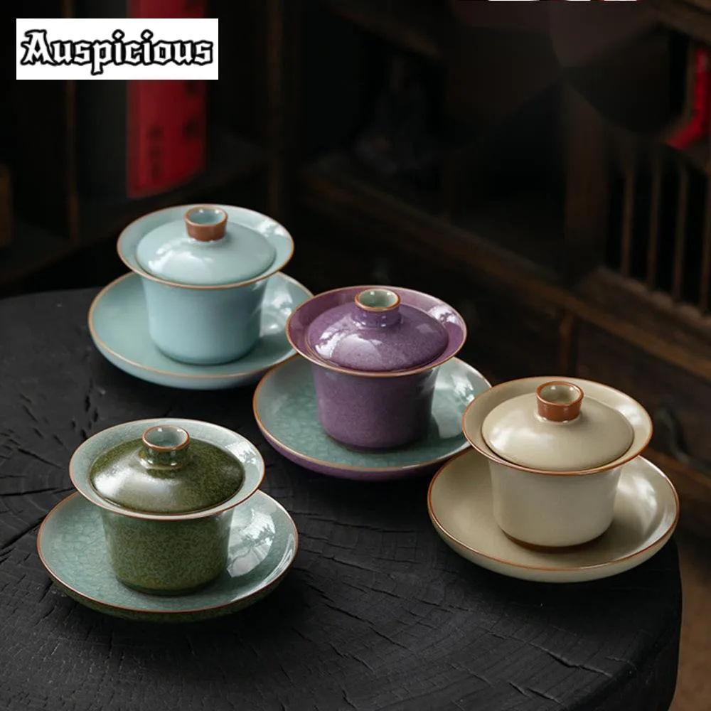 

160ml High End Jun Kiln Porcelain Tea Tureen Handmade Ru Kiln Sancai Gaiwan Anti Scalding Cover Bowl Tea Brewing Tea Bowl Teaset