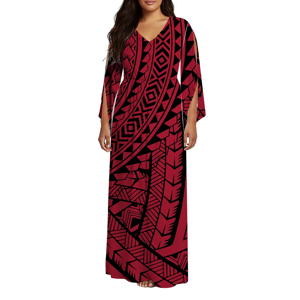 

New Summer Women'S Custom-Pattern Polynesian Wholesale V-Neck Belted Long Dress With Flutter Sleeves Elegant And Stylish