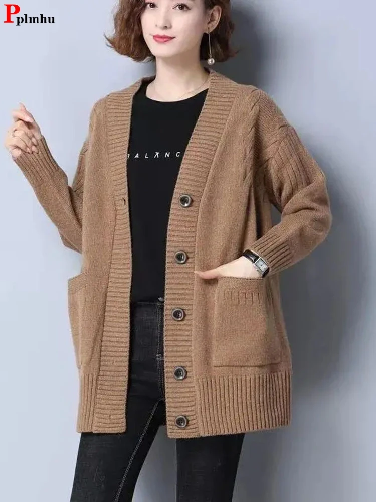 

Vintage Loose Knitted Cardigan Solid Color Soft Knitwears Coat Oversize 80kg Long Sleeve Knit Jacket Spring Woman Malhs Sweater