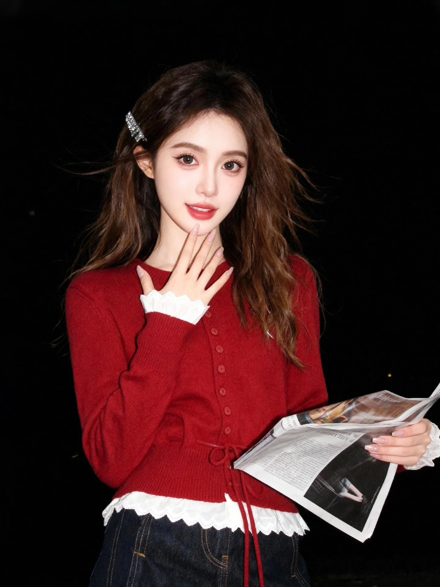 

White Enhancing Knitted Sweater with Waist Cinching Tie Long Sve Lace Hem Red Color for New Year Winter Season Women's Fas...