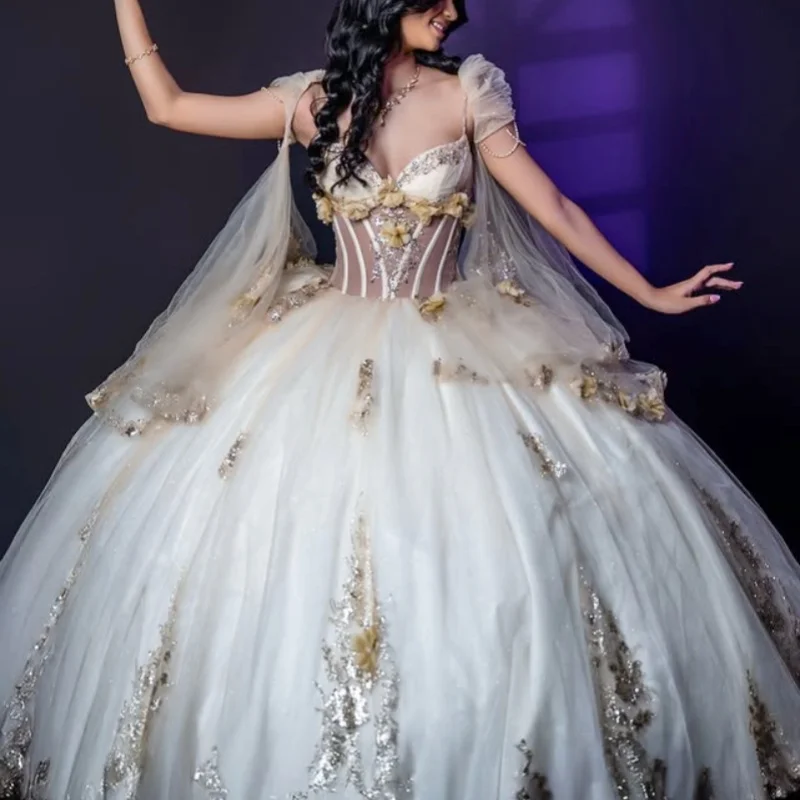 Light Champagne Quinceanera Dress Crystal Glitter Decal Beadwork 3D flower Long tail Vestidos De 15 Quinceanera ﻿Customize