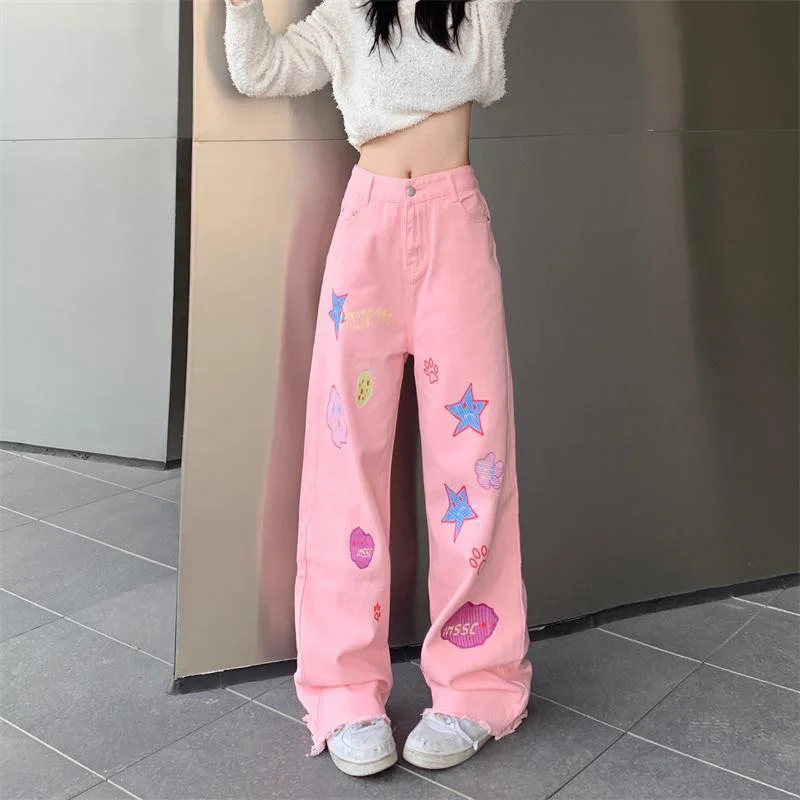 Jeans de dessin animé rose pour femmes, pantalons taille haute, à jambes larges, à la mode, version printemps et été, pantalons pour femmes