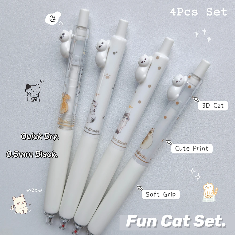 4Pcs Cute Cat Gel Pen Set 0.5mm Fun Black Quick-Dry Pen White Style Writing Pens for Study & Office Use