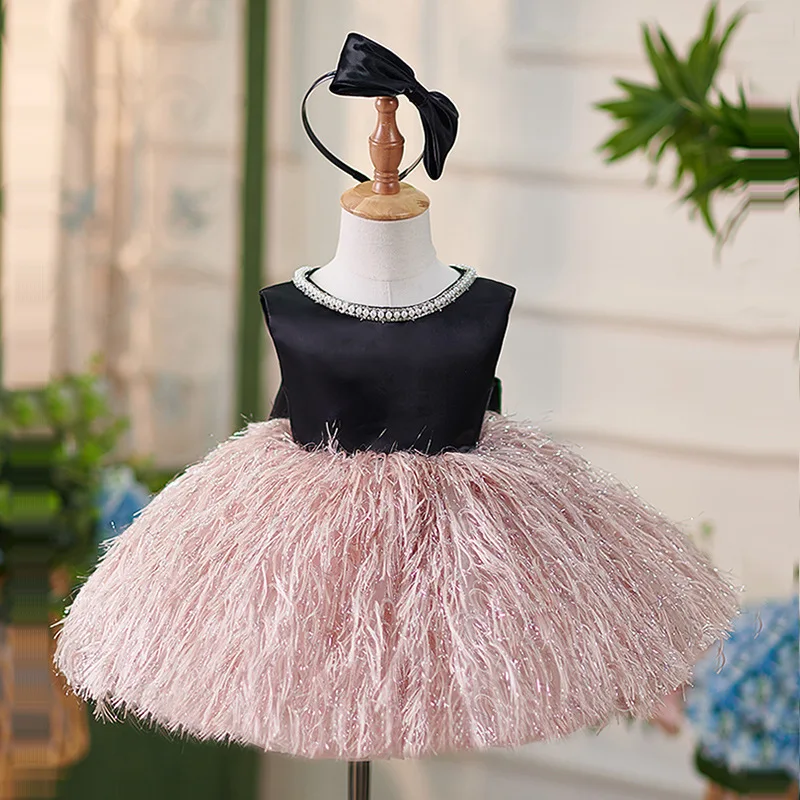 Vestido de baile pérola para bebês, festa de aniversário, princesa Bow, vestido tutu para crianças, noite formal, florais de casamento, peruca à fantasia