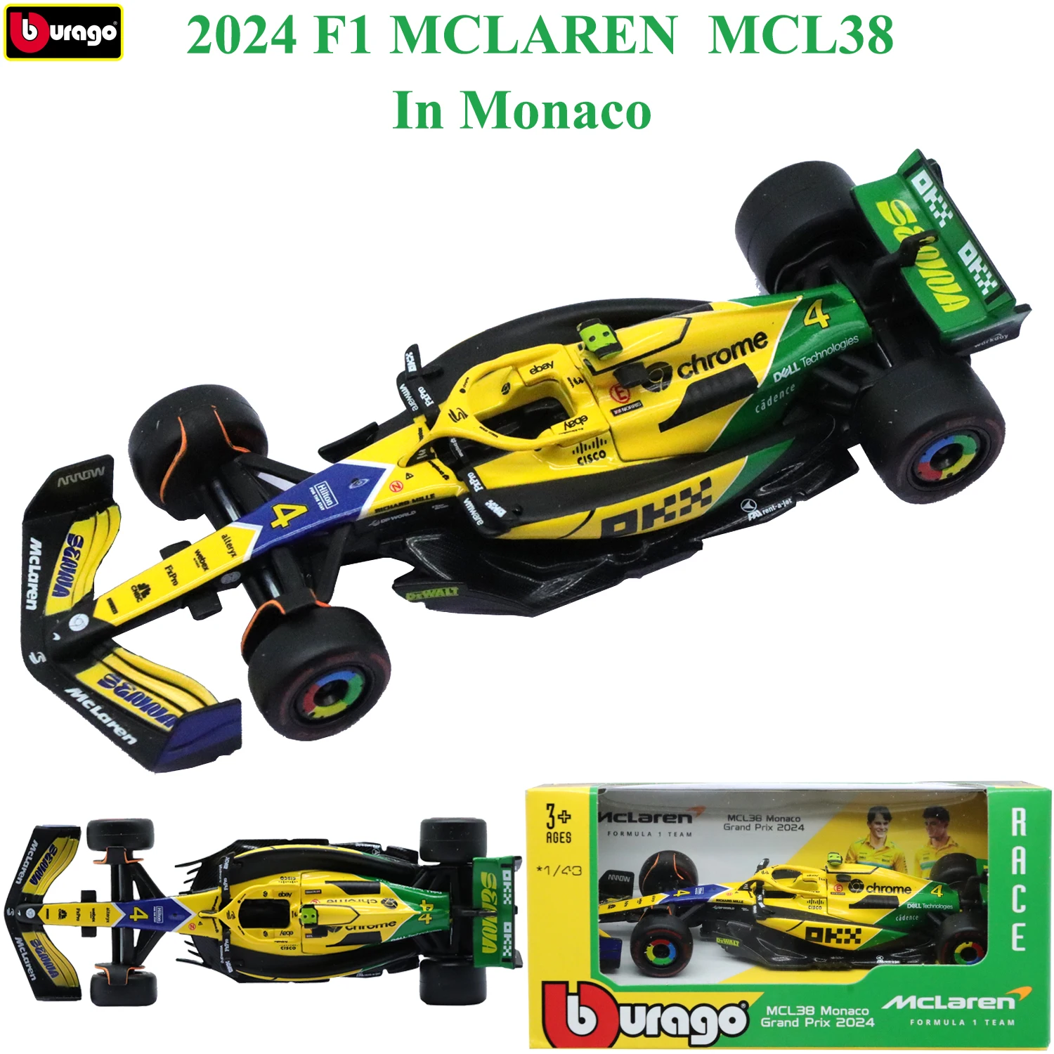 Bburago 1/43 F1 2024 Mclaren MCL38 Cars In Monaco #Lando/Oscar Diecast Fomula 1 Cars Rubber Tires Monaco Painting Racing