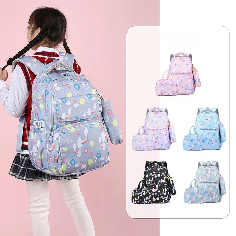 Mochila para meninas adolescentes, conjunto de livros escolares infantis para alunos elementares, mochila casual com lancheira, estojo para lápis, 3