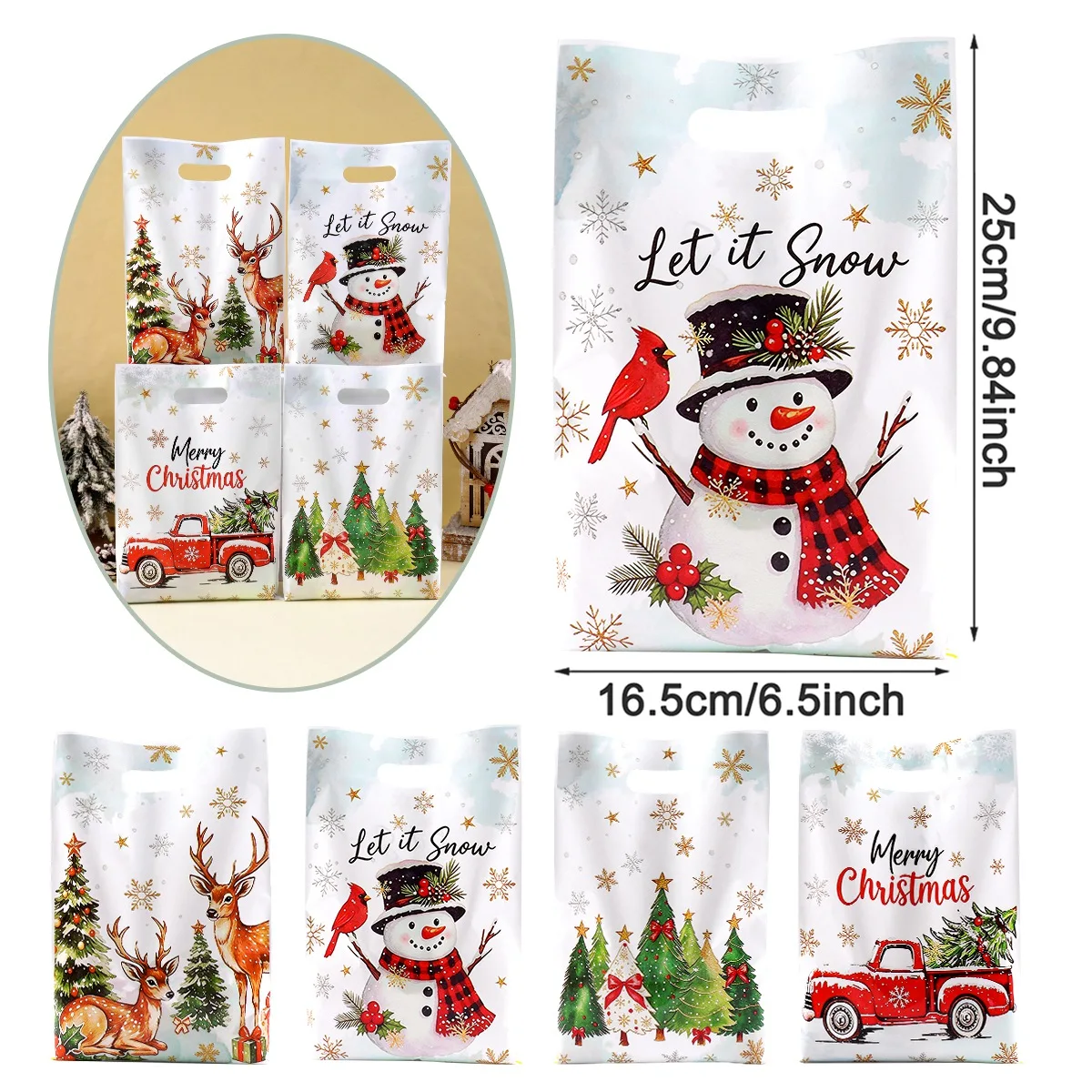 10/20/50 Stück Weihnachtsgeschenktüten mit süßem Schneemann- und Weihnachtsbaum-Druck, Geschenktüten mit Griff, Geschenkverpackungstüten, Weihnachtsdekoration 2026 – Detail 1