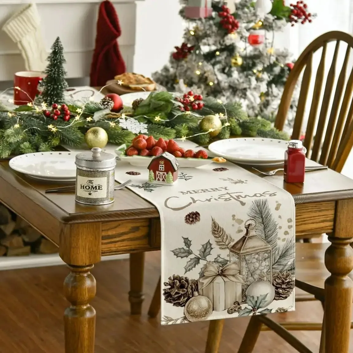 VIKAMA Vintage Christmas Table Runner Pinecone Berry Christmas Feast Dining Table Cafe American Country Style Living Room Decor