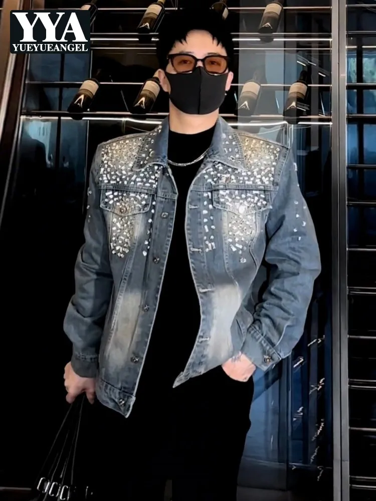 High Street Men Handmade Shiny Sequined Party Denim Jacket Vintage Spring Casual Cowbody Outwear Coat Fashion Loose Fit Jackets