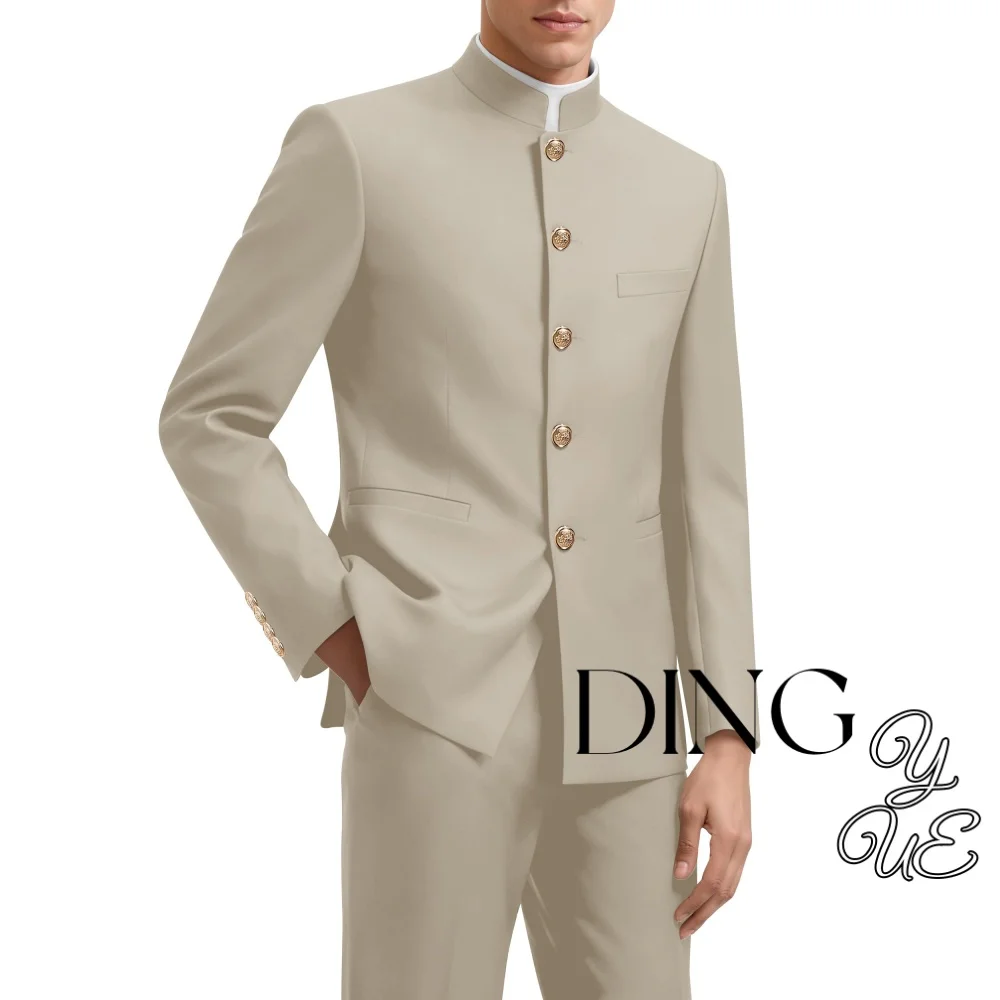 Chinese Suit for Men 2 Piece Suits Slim Fit Chinese Tunic Suits Stand Collar Weddig Prom Suit Blazer Pants Set costume homme