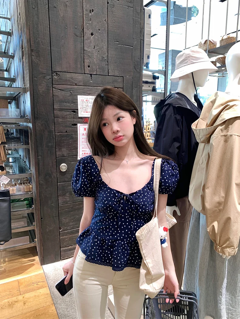 

French Style Polka Dot Bow Knot Short Sleeve Shirt Women's Summer Design Sensation Elegant Short Outerwear Top