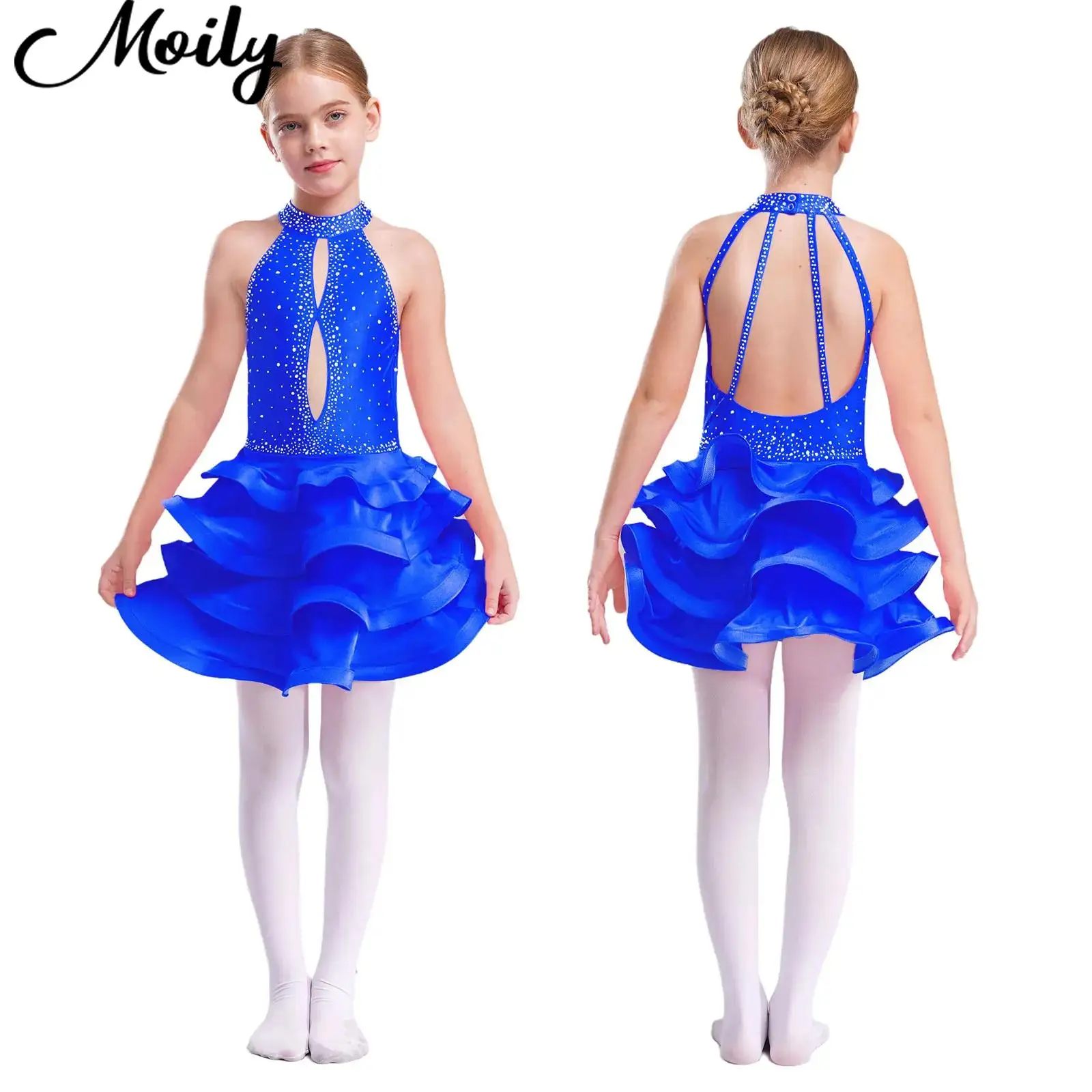 

New Girls Backless Ballet Latin Dance Dress Sleeveless Rhinestones Tiered Dresses Kids Figure Skating Samba Salsa Dance Clothes