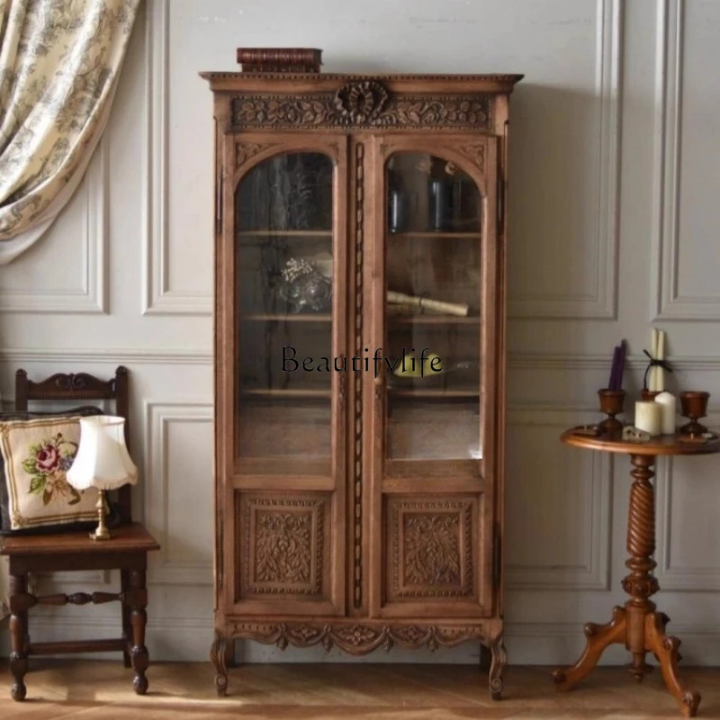 

French Style Solid Wood Vintage Living Room Display Cabinet Antique Carved Distressed Home Dining Side Storage Cabinet