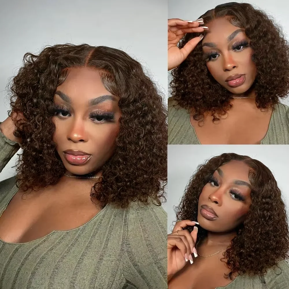 Dark Brown #4 Deep Wave Curly Short Bob Hair Wig Brazilian Hair Chocolate Brown 13x4 Transparent Lace Front Wig Remy for Women